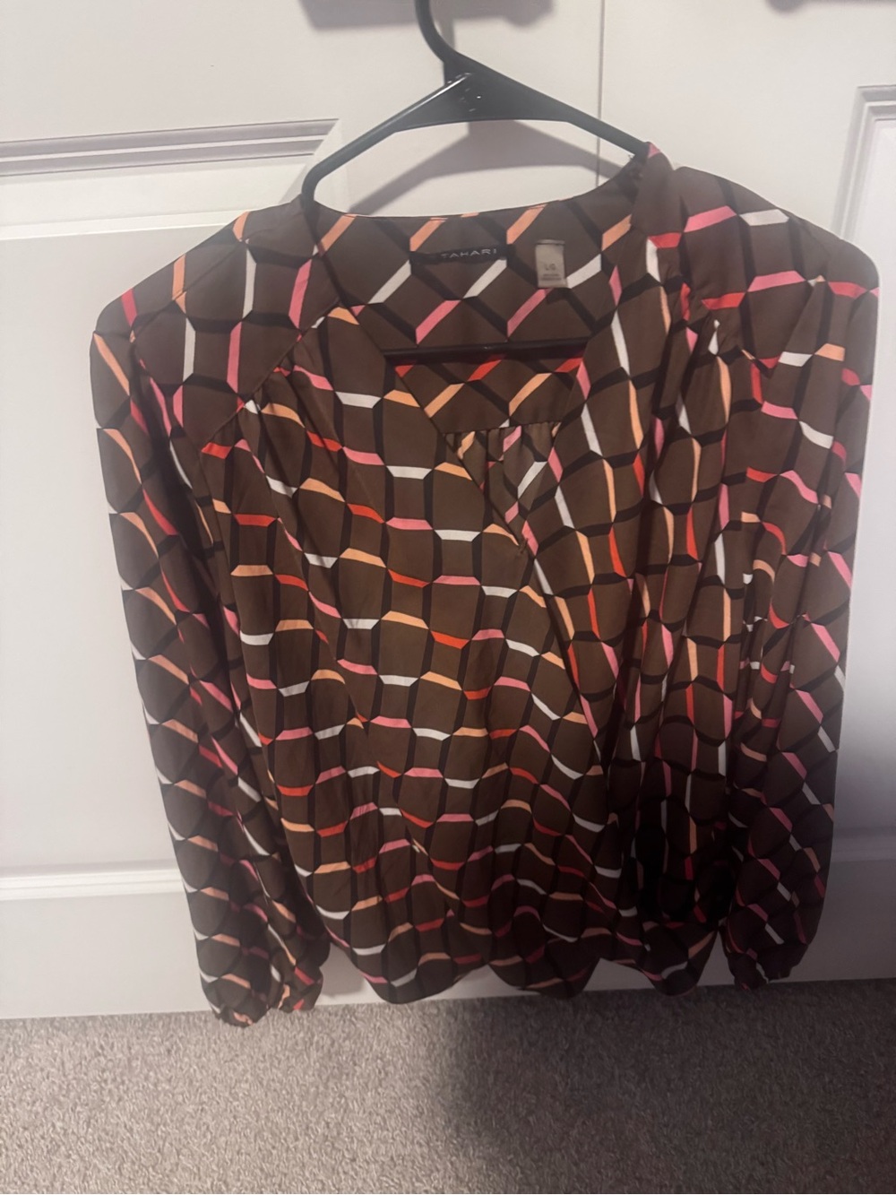 Kasper Brown Geometric Print Long Sleeve Blouse with Pink and Orange Accents
